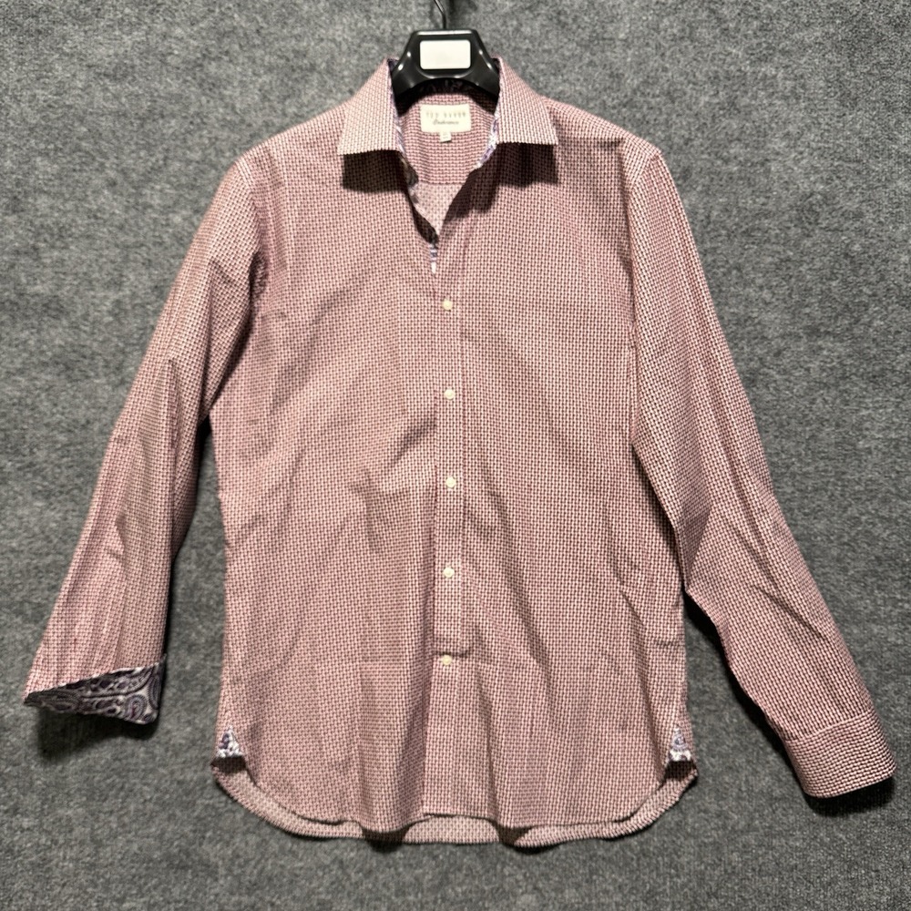 Ted Baker Shirt Endurance Mens 15.5 34/35 M Geometric‎ Print Paisley Trim Merlot